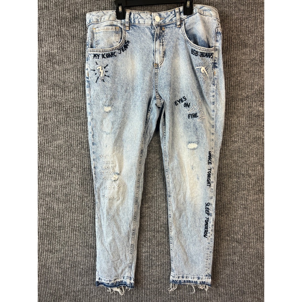 BSB Jeans Women 29 Embroidered Graffiti Straight Leg Streetwear Denim Acid Wash